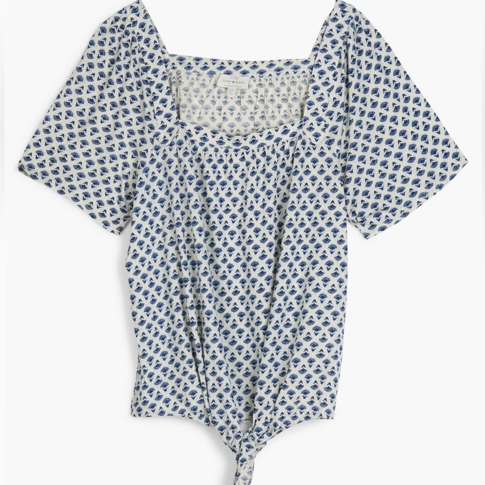 Lucky Brand Printed Tie Front Top Blue White Boho Size XS
